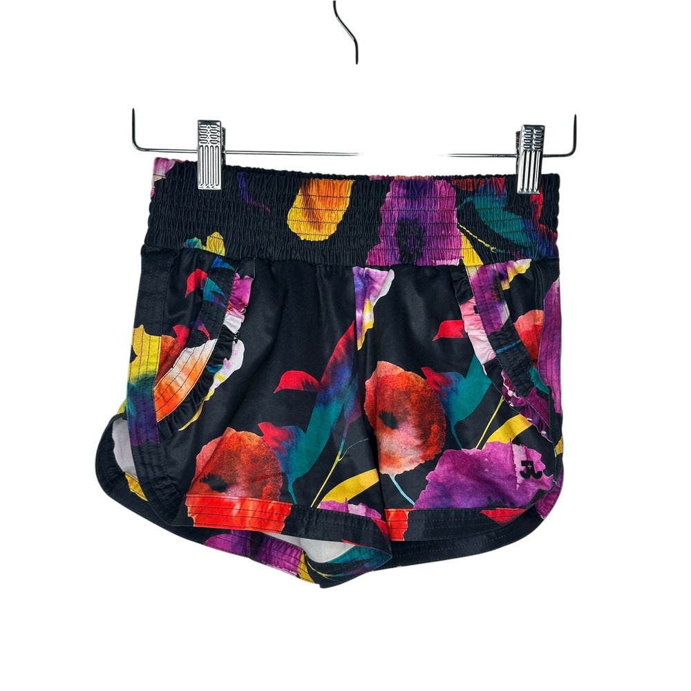 Jo+Jax Dance Shorts XXSA Black Multi Floral Smocked Waist Ruffle Pocket Active